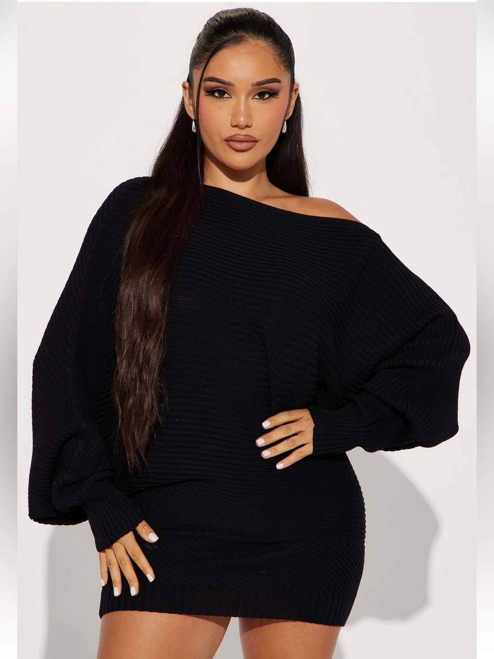 Fashion Nova Black Off-the-Shoulder Ribbed Sweater Dress